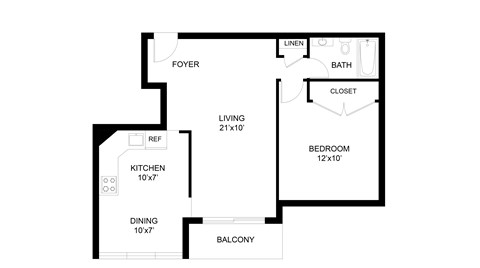 Floor plan for 1 bed, 1 bath, 708 sqft